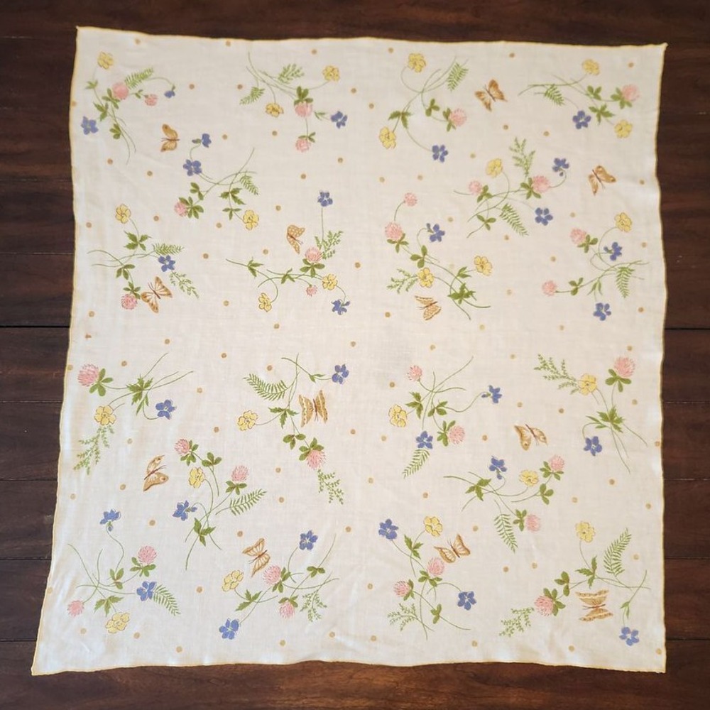 Vintage Tablecloth Small or Table Topper Floral Butterflies‎ Pastels 32x34 Ivory